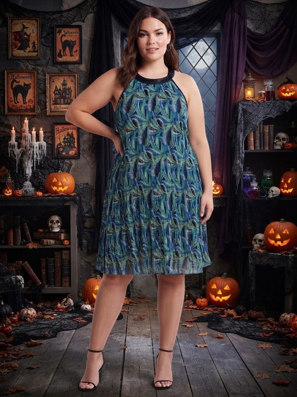 Halloween costume Dreamgirl Blue-Green Patterned Halter Mini Dress